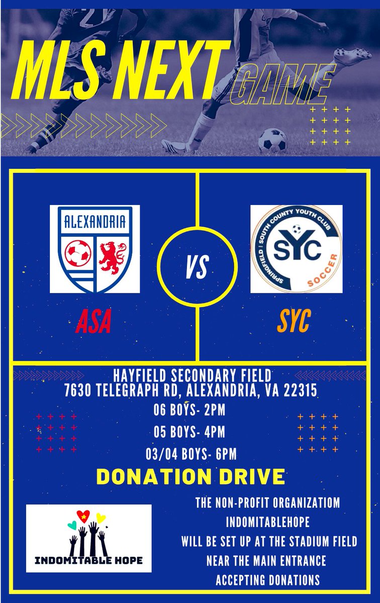 Join us for our last donation drive event of the year this saturday at Hayfield high school. Come support as ASA takes on SYC in an MLSNext Showdown. We will be set up at the stadium field near the main entrance. All donations are welcome! See you there 🙏🏾
<a href="/Ndomitable_hope/">INDOMITABLEHOPE</a>