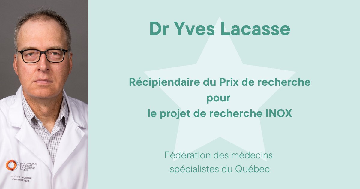 Grâce à son projet de recherche, INOX, Dr Lacasse a remporté le prix de recherche de la Fédération des médecins spécialistes du Québec!

Félicitations Dr Lacasse!