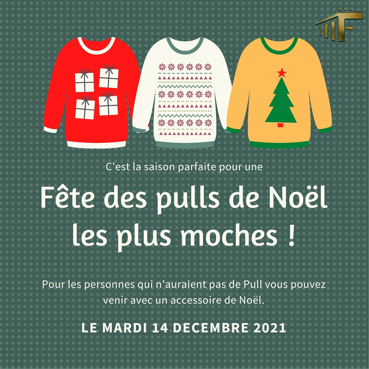 LaFerrage's tweet photo. La Ferrage organise une fête du pull de Noël pour passer un moment agréable en cette fin d'année. #laferrage #Noel https://t.co/W6UynGKhRz
