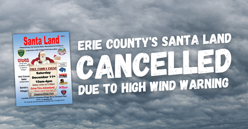 markpoloncarz's tweet photo. ⚠️ SANTA LAND AT CHESTNUT RIDGE PARK IS CANCELLED due to a HIGH WIND WARNING in-effect tomorrow (December 11) with peak gusts of 65–70 mph as well as expected downed trees and power lines.
 
More info: https://t.co/7yE0984SrA 
 
Cc: @ErieCountyParks https://t.co/yzJWf4yIuR