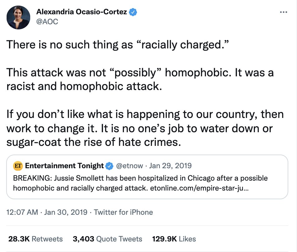 AOC just deleted this tweet from Jan 2019 pushing the Jussie Smollett hate hoax and bashing a media outlet for referring to it as a "possible" attack.