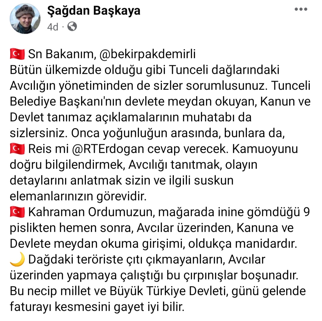 Onca yoğunluğun arasında, bunlara da,
🇹🇷 Reis mi <a href="/RTErdogan/">Recep Tayyip Erdoğan</a> cevap verecek. Kamuoyunu doğru bilgilendirmek, Avcılığı tanıtmak, olayın detaylarını anlatmak sizin ve ilgili suskun elemanlarınızın görevidir.
🇹🇷 Kahraman Ordumuzun, mağarada inine gömdüğü 9 pislikten hemen sonra,