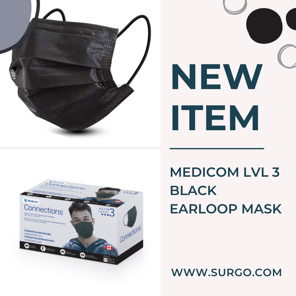 SurgoSurgical's tweet image. Introducing our new ASTM Level 3 Black Earloop Face Mask from Medicom! The non-woven spunbond outer layer of this mask provides maximum protection against fluid penetration. View hubs.ly/Q010FKSj0 to know all about our new mask. #level3mask #earloopmask #facemask