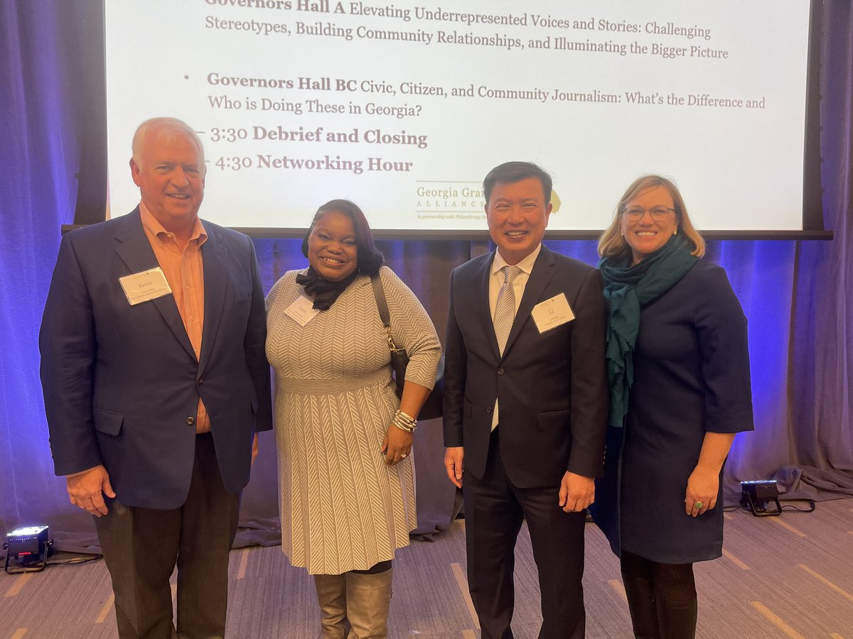 GaAsianTimes's tweet photo. GAT shares its perspective on local journalism collaborative at the 2021 Annual Georgia Grantmakers Alliance conference. L-R: Kevin Riley,Publisher #AJC, Tracie Powell, Founder, #PivotFund, Li Wong, Publisher, GAT, Margaret Coker,Publisher, #TheCurrent https://t.co/hlmdrXvMyZ
