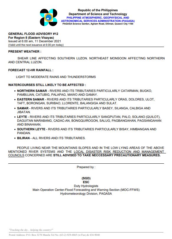 dost_pagasa's tweet photo. General Flood Advisories issued @ 6AM, 11 December 2021
Region 5 (Bicol Region) GFA #1
Region 8 (Eastern Visayas) GFA #12
Region 13 (Caraga) GFA #4FINAL https://t.co/e6XLxrVLiR