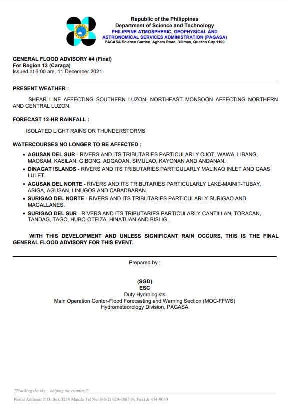 dost_pagasa's tweet photo. General Flood Advisories issued @ 6AM, 11 December 2021
Region 5 (Bicol Region) GFA #1
Region 8 (Eastern Visayas) GFA #12
Region 13 (Caraga) GFA #4FINAL https://t.co/e6XLxrVLiR