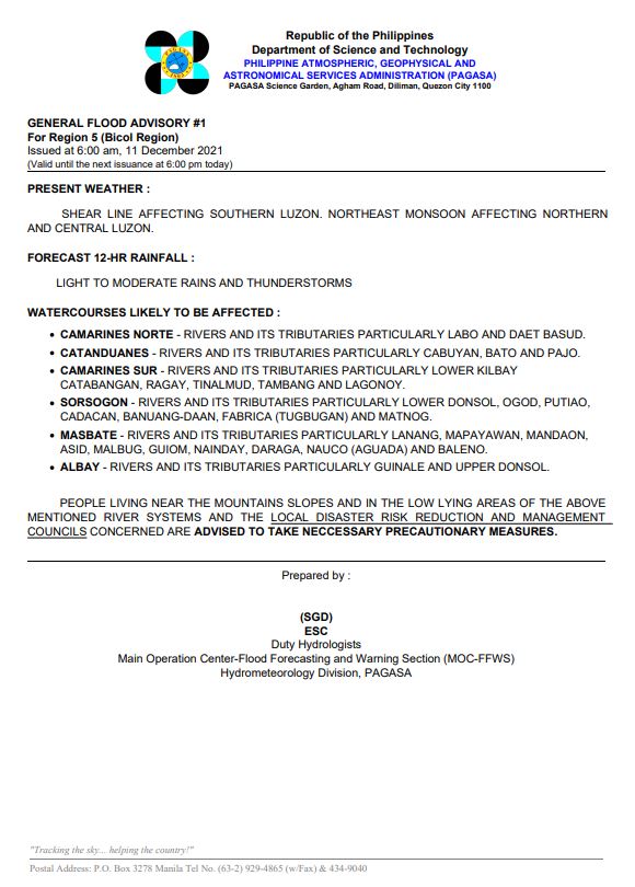 dost_pagasa's tweet photo. General Flood Advisories issued @ 6AM, 11 December 2021
Region 5 (Bicol Region) GFA #1
Region 8 (Eastern Visayas) GFA #12
Region 13 (Caraga) GFA #4FINAL https://t.co/e6XLxrVLiR
