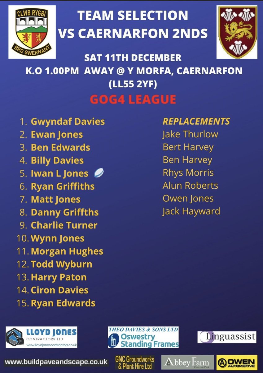 We travel to play <a href="/rygbicaernarfon/">ClwbRygbiCaernarfon</a> 2nds tomorrow  . Team selection for our league game #gog4 #northwalesrugby