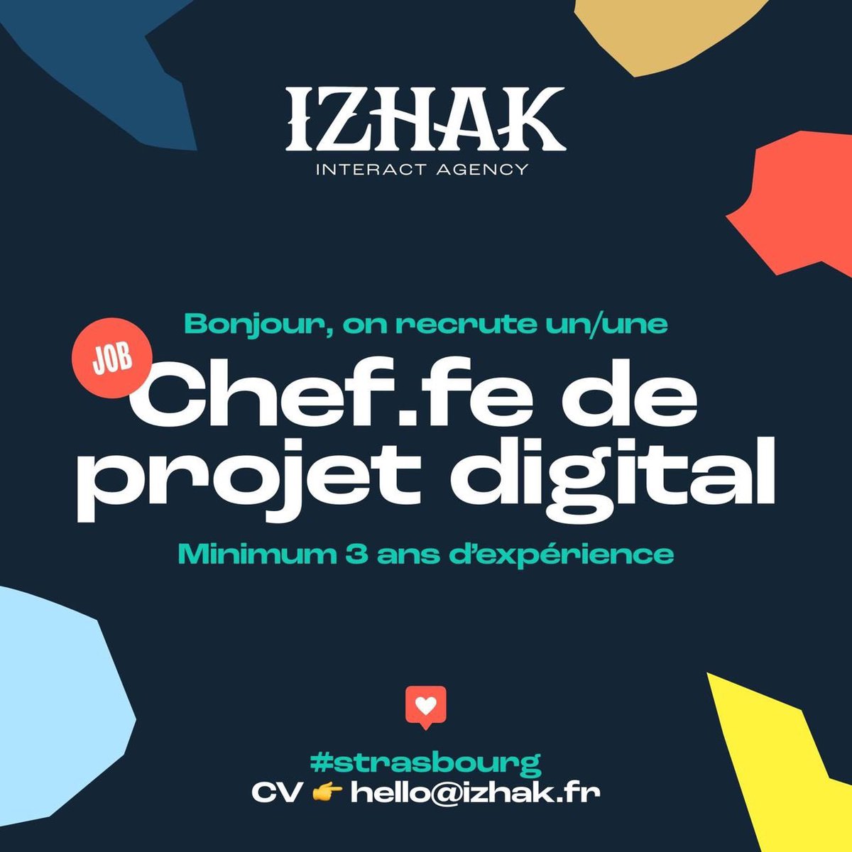 izhak_agency's tweet photo. Nous recrutons à Strasbourg un.e chef.fe de projet web / digital
👉 hello@izhak.fr
Votre mission : coordonner et piloter nos projets web / e-commerce / applications / expériences digitales et mobiles https://t.co/iBXrHMilE6