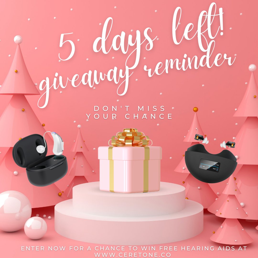 ceretone's tweet photo. 🤩 CERETONE #GIVEAWAY #REMINDER 🤩
Only 5 DAYS until winners are announced! Try your luck &amp; enter today to win a FREE pair of #HearingAids!

🎁 Entry form: https://t.co/x5sVCJXfS4 

#sweepstakes #freehearingaids #freegiveaway #friday #fridayvibes #happyfriday #enternow https://t.co/hzjrskvShQ