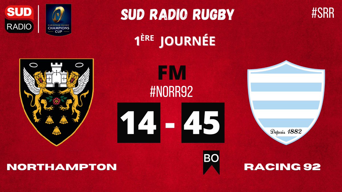SudRadioRugby's tweet photo. #ChampionsCup - J1 - #NORR92
👏 𝑽𝑰𝑪𝑻𝑶𝑰𝑹𝑬𝑬𝑬𝑬 du @racing92 45-14 face au @SaintsRugby avec le bonus offensif ! https://t.co/PJfSth5GAq