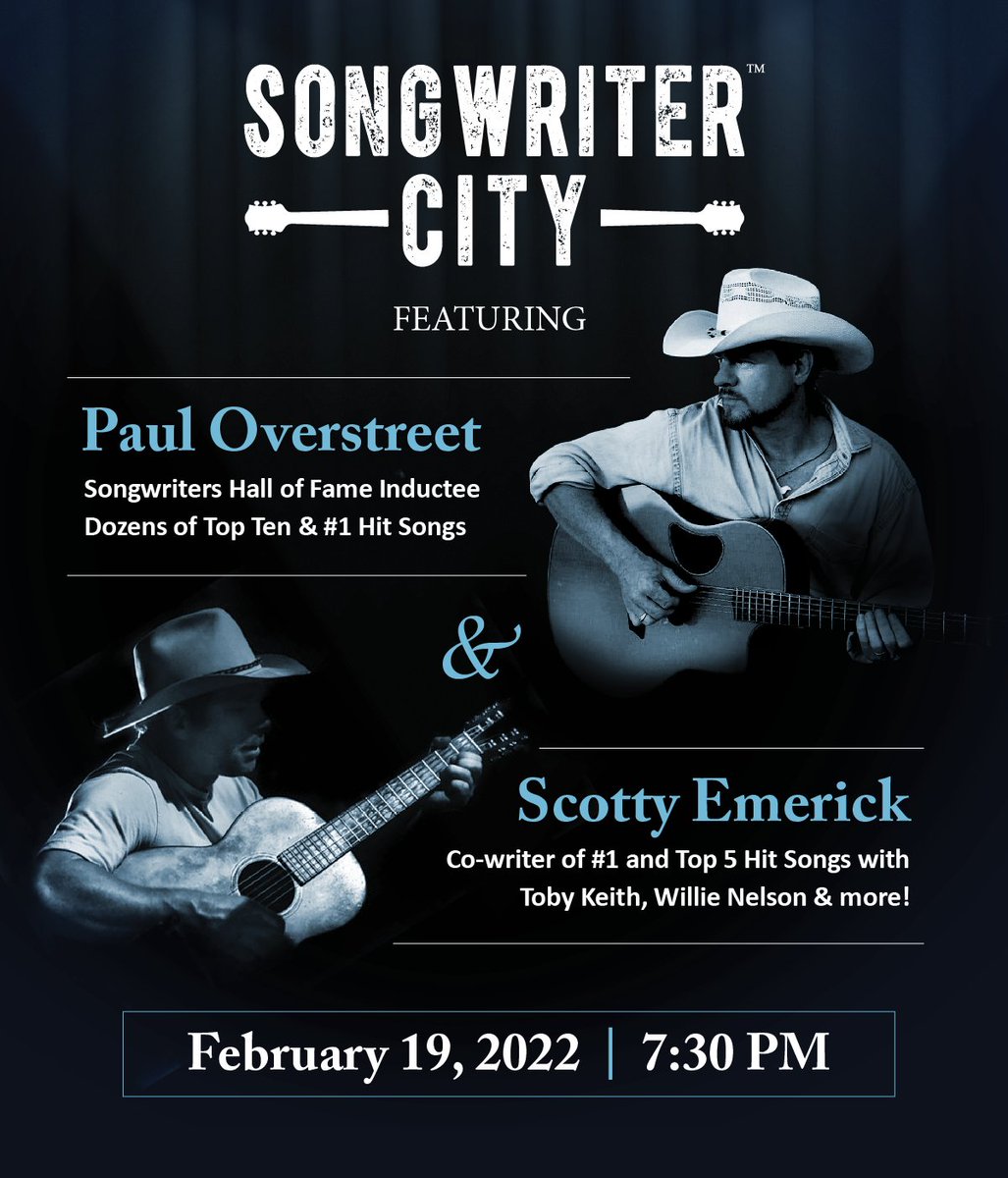 Paul Overstreet and Scotty Emerick are two of country music's most well-known songwriters. Want to get to know more about them. Head to the Lyceum Theatre on February 19th! Access this link for tickets!
lyceumtheatre.secure.force.com/ticket#/