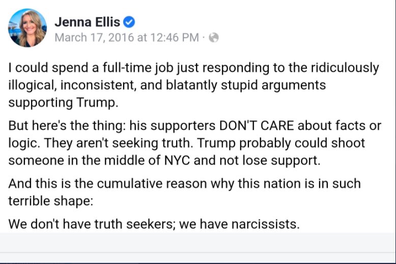 NumbersMuncher's tweet photo. @JennaEllisEsq @politico You should check out this quote from someone named Jenna Ellis before she sold her soul for Trump. https://t.co/qFhgpAMugS