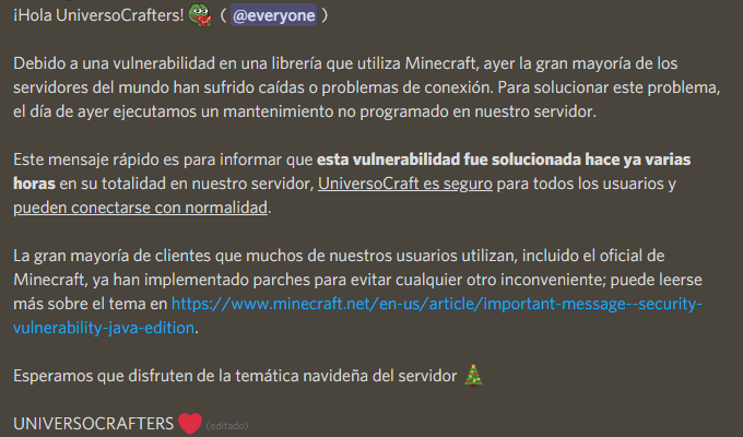MCUniversoCraft's tweet photo. Una pequeña información para nuestros jugadores respecto a los incidentes sucedidos en Minecraft. 

Por último, mencionar que podéis jugar en la network de forma completamente segura y sin problemas. https://t.co/RZWQRnJwYn