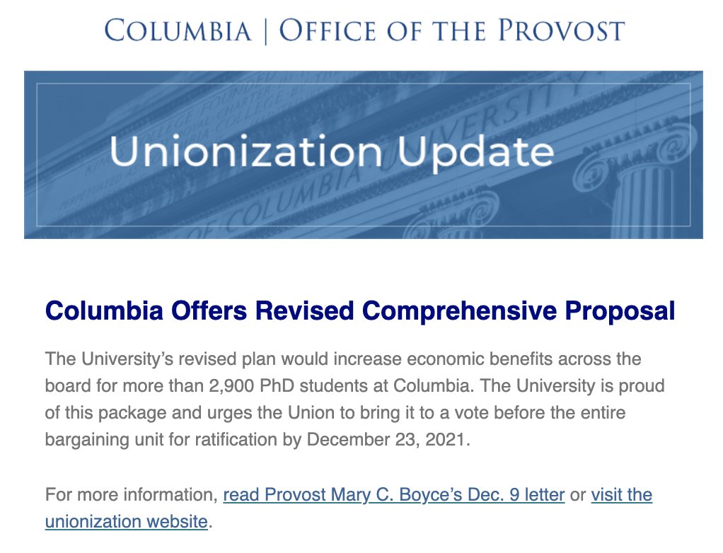 In the sixth week of @SW_Columbia's unfair labor practice strike, Provost Mary Boyce blasted the whole @Columbia community with anti-union rhetoric. This was the 5th of these emails I received in 5 days, and I'm sick of it. Time for a 📖🤓 FACT CHECK on the state of negotiations!