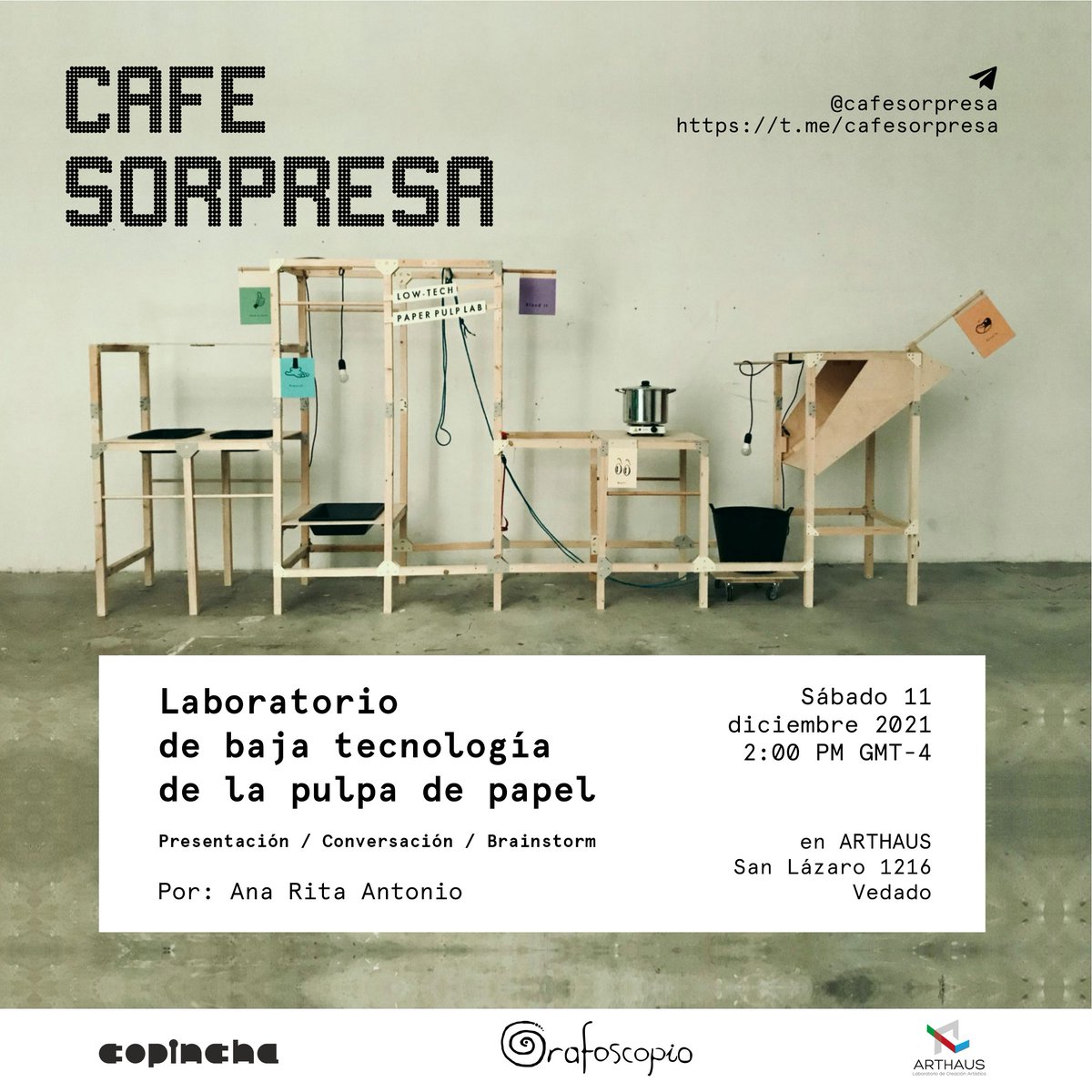 copincha1's tweet photo. Café Sorpresa. 
Charla con Ana Rita Antonio (Portugal) y su proyecto Low-Tech Paper Pulp Lab (Laboratorio de Baja Tecnología de la Pulpa de Papel). 

Invitación para todos los interesados en participar implementando un laboratorio comunitario en torno al papel. https://t.co/Jm2mLj2Lwv