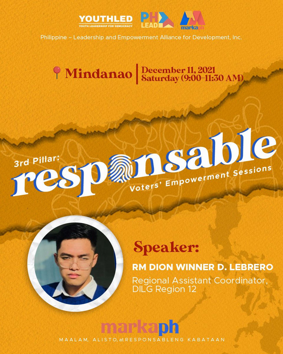 PhLead's tweet photo. Responsable Pillar para sa MINDANAO! 🇵🇭
Magkita-kita tayo ngayong Sabado, ika-11 ng Disyembre para sa MarkaPH Responsable Pillar (Mindanao). Makakasama natin si Mr. RM Dion Winner D. Lebrero, Regional Assistant Cordinator ng DILG Region 12. https://t.co/QbJ7Ckz7v5