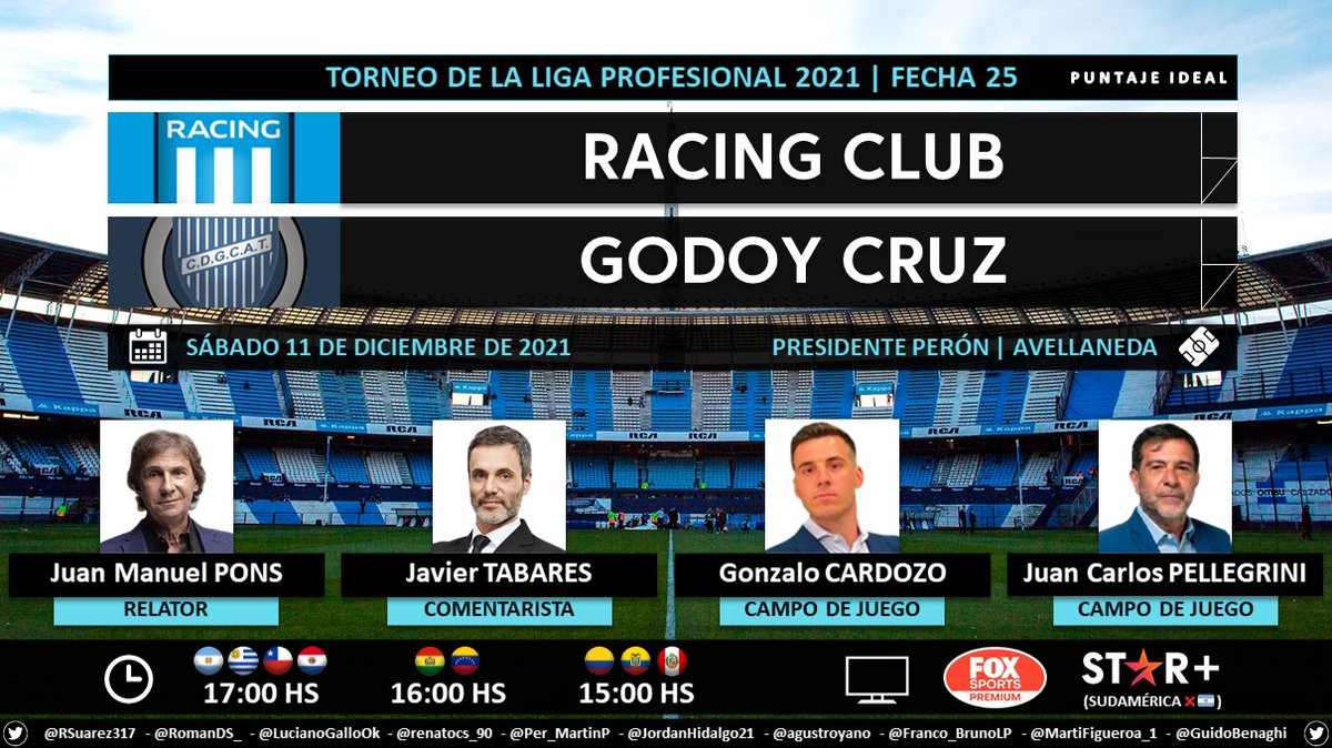 Puntaje_Ideal's tweet photo. โฝ #TorneoLPF ๐ฆ๐ท | #Racing vs. #GodoyCruz
๐ Relator: Bambino Pons
๐ Comentarista: @javitabares
๐ Campo de Juego: @GHCardozo y @profepellegrini
๐บ #FOXSportsPremium ๐ฆ๐ท
๐ป๐ฑ @StarPlusLA Sudamรฉrica (โ๐ฆ๐ท)
๐คณ #LPFxFOX - #PackFutbol - #ESPNenStarPlus
Dale RT ๐ https://t.co/m4A8tzeuxg