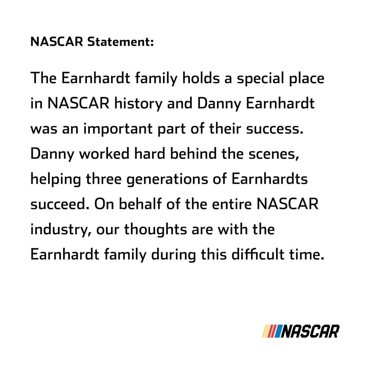 NASCAR's tweet photo. Statement from NASCAR on the passing of Danny Earnhardt. https://t.co/lXI1S81dEj