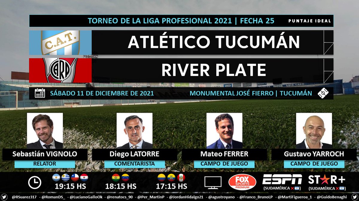 Puntaje_Ideal's tweet photo. โฝ #TorneoLPF ๐ฆ๐ท | #AtlรฉticoTucumรกn vs. #River
๐ Relator: @PolloVignolo
๐ Comentarista: @dflatorre
๐ Campo de Juego: @mateoferrer90 y @GustavoYarroch
๐บ #FOXSportsPremium ๐ฆ๐ท
๐บ #ESPN Sudamรฉrica โ๐ฆ๐ท
๐ป๐ฑ @StarPlusLA โ๐ฆ๐ท
๐คณ #LPFxFOX - #PackFutbol - #ESPNenStarPlus
Dale RT ๐ https://t.co/SEYASRJ8go