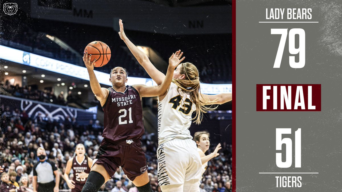 MoStateWBB's tweet photo. LADY BEARS WIN!!! 

Missouri State earns a dominant 79-51 victory over Mizzou for its third-consecutive win over the Tigers! Sydney Wilson leads a balanced MSU scoring effort with 17 points as five Lady Bears reach double figures.

 #FAB | #GNSL | #H4M https://t.co/s7OJBA0iBD