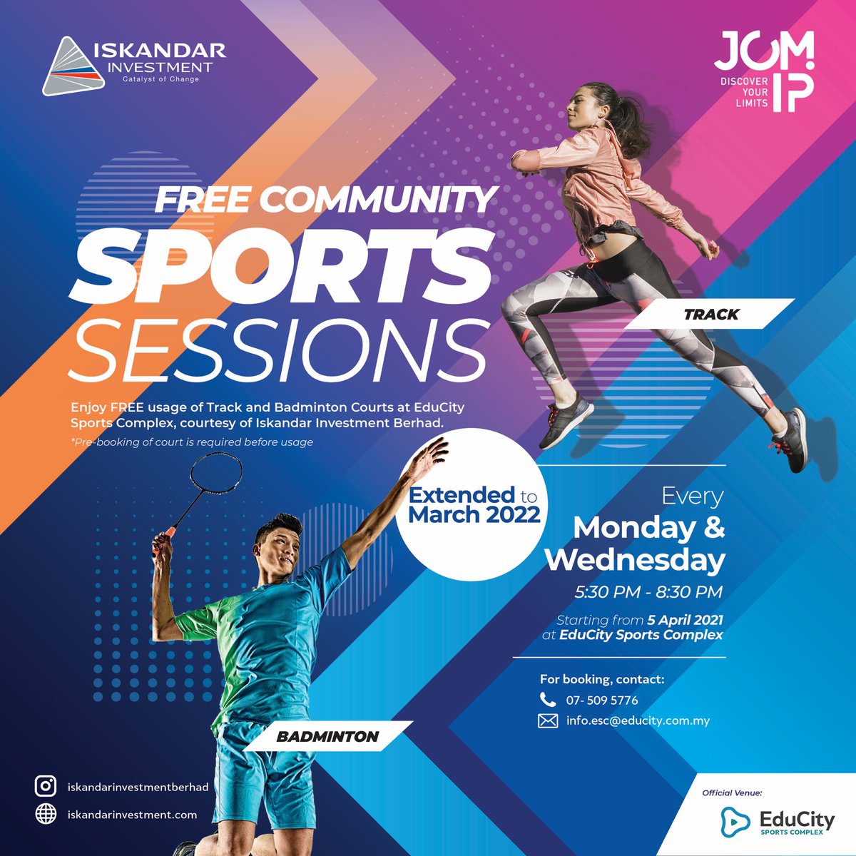 educityofficial's tweet photo. Good news for communities in Iskandar Puteri!

Our FREE Community Sports Session is extended until March 2022!
Break a sweat over a game of badminton or clock your 10,000 steps on our modern, all-weather running track at EduCity Sports Complex

It's time to discover your limits! https://t.co/DQDFZRJjf1
