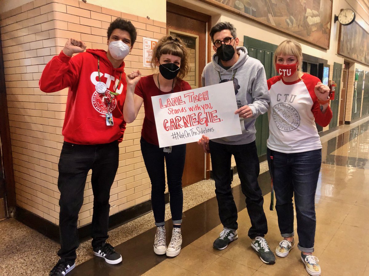 JavierPayano's tweet photo. Proud CTU members at Lane Tech in solidarity with staff at Carnegie Elementary. Thank you for standing up for safe teaching and learning conditions. #NotOnTheSidelines @ctulocal1 https://t.co/7SyrlDLVur
