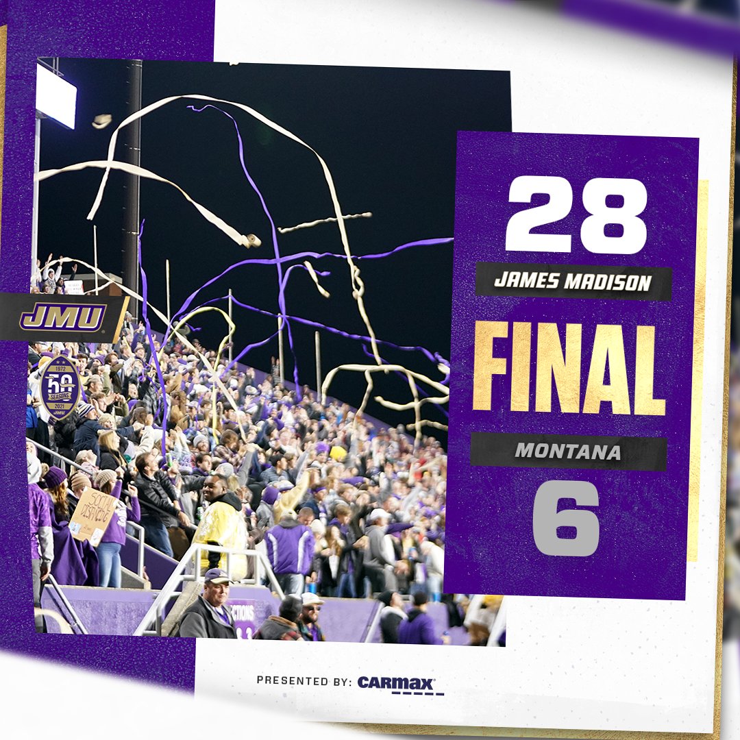 JMUFootball's tweet photo. Semifinals bound 😤

The Dukes smother Montana and close out the win to move on!

#GoDukes https://t.co/pU3p6oj3iM