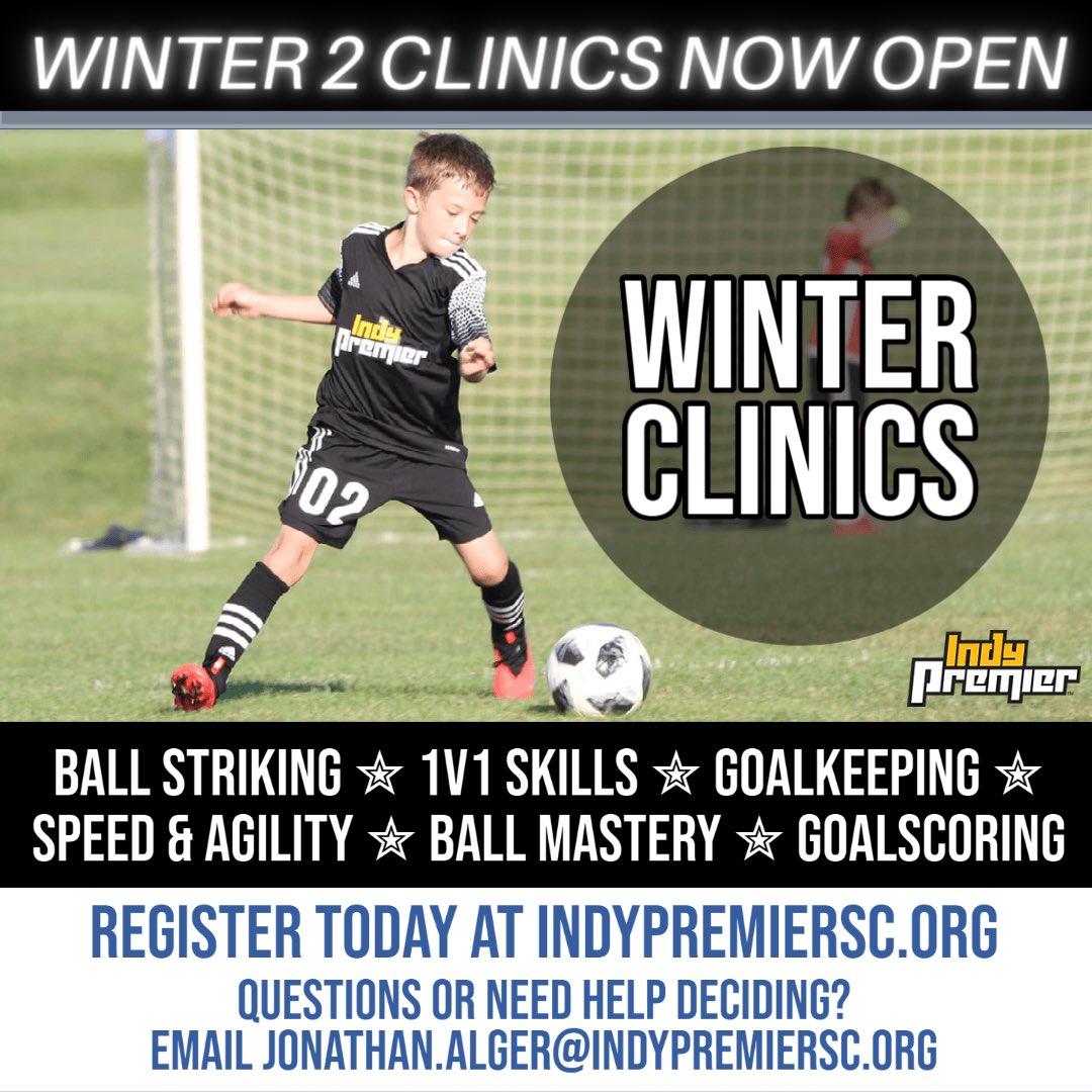 IndyPremierSC's tweet photo. Winter 2 options now listed on the website for Travel and Rec Plus players! Clinics start in January and we have a fit for your developing player. #findyourfit #levelup #lotsofoptions #limitedspaceavailable https://t.co/jJtsVk5AiM