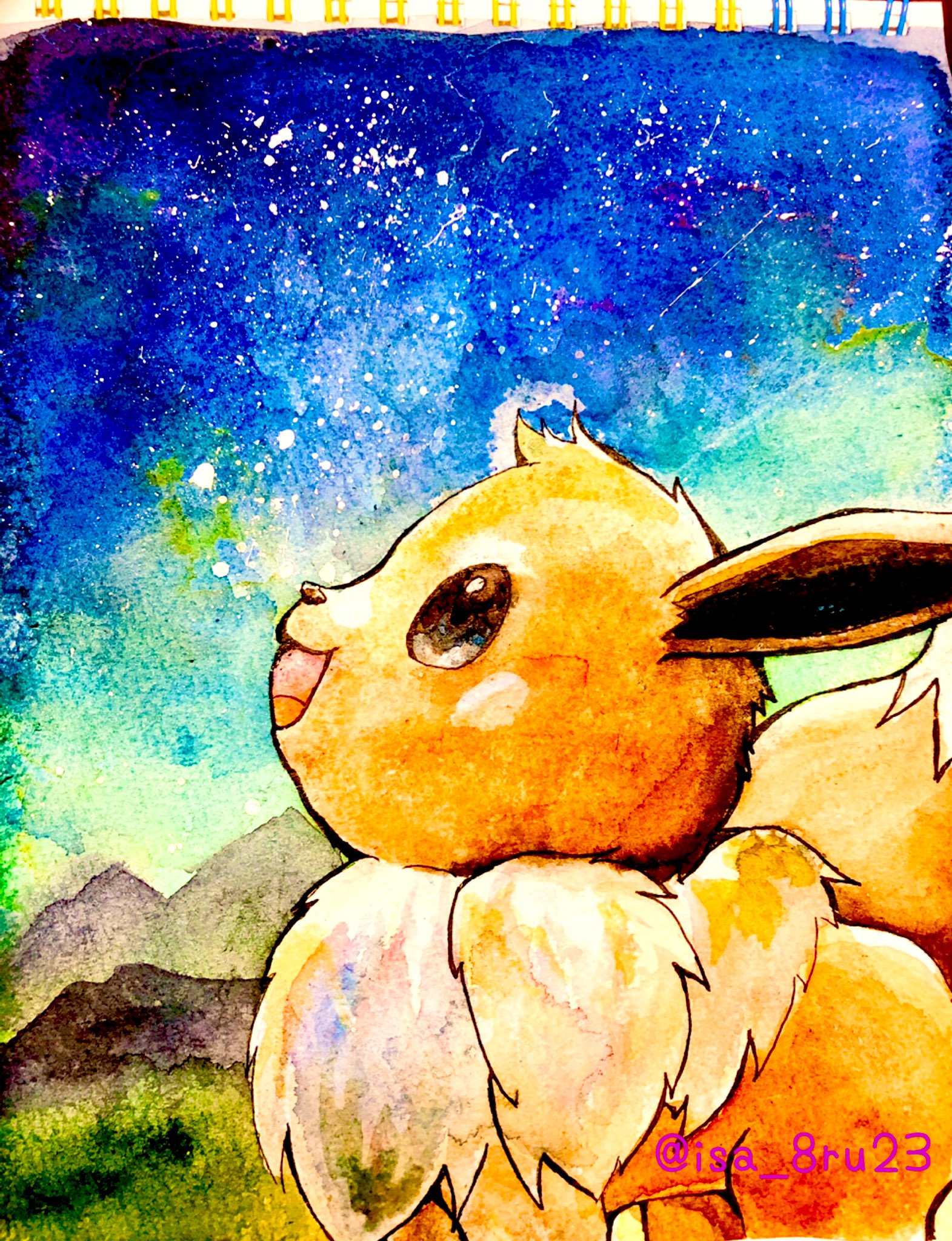 いさはる 星空とイーブイ 水彩画 ポケモン Pokemon イラスト ポケモンファンアート イーブイ 星空 イラスト好きさんと繋がりたい 絵描きさんと繫がりたい アナログ画 アナログ作家フェス ポケモンイラスト T Co 91yjusfrgc Twitter