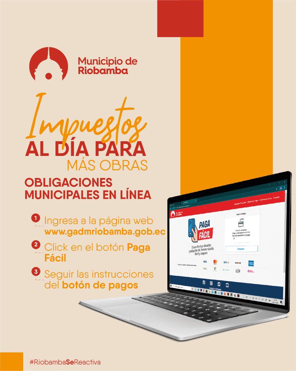 MuniRiobamba's tweet photo. Realice su pago fácil y seguro, siga los siguientes pasos y pague en línea sus obligaciones municipales, recuerde que el pago de sus impuestos genera #MásObrasParaRiobamba https://t.co/KqMEipIzQM