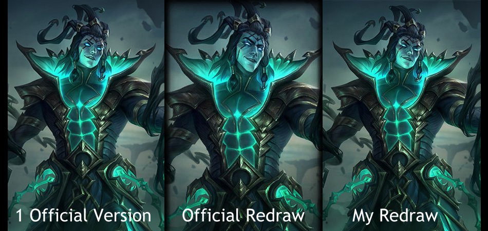 I didn't like his official redraw so I tried to redraw his face in my own way. Here you can see my edit in the first pic and the comparison of all the versions in the second one. 
#thresh  #LeagueOfLegends   #LeagueOfLegendsFanArt  #edit  #ArtofLegends