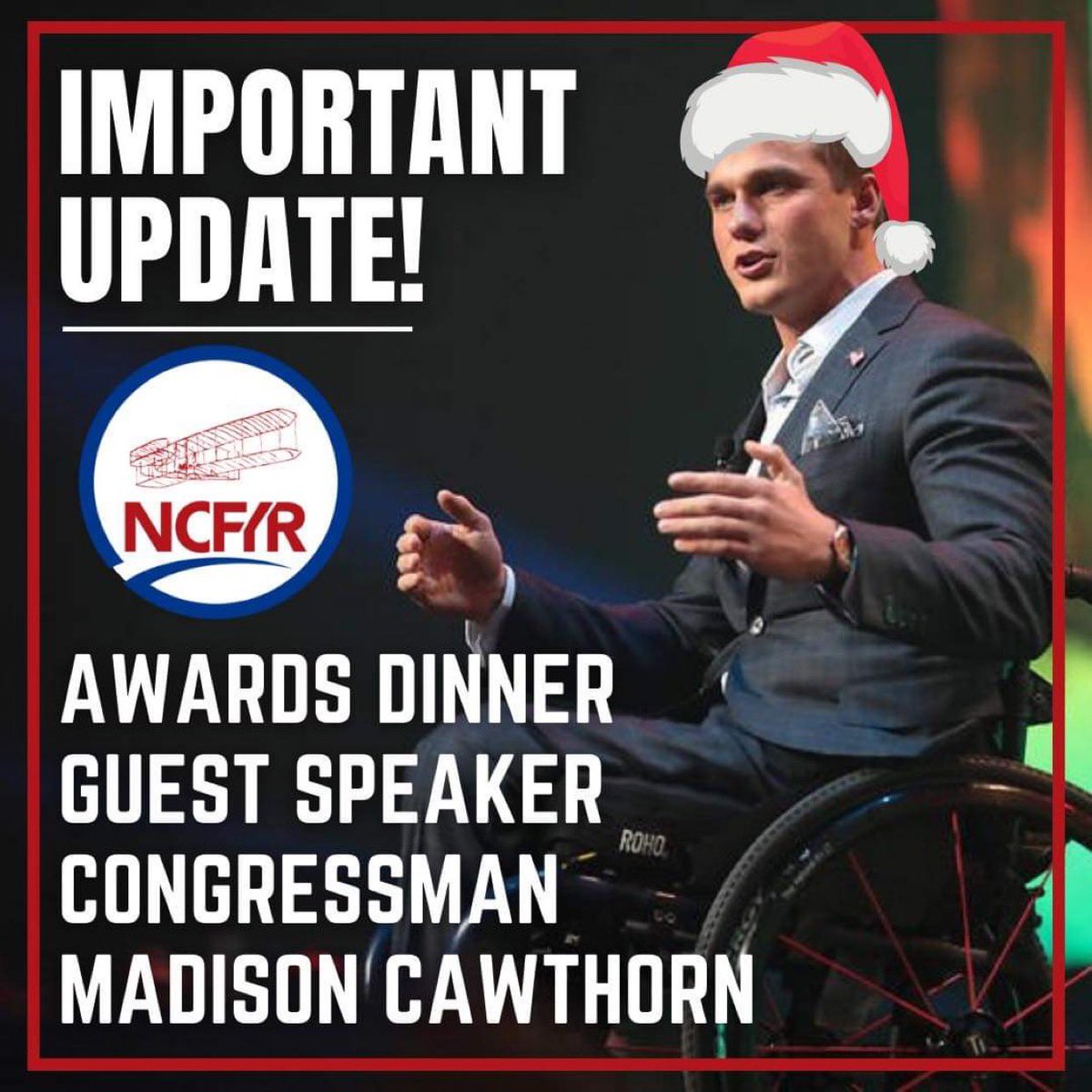 NCYoungGOP's tweet photo. 📣Surprise Announcement!📣
Due to unforeseen events, Congresswoman Cammack will not be able to attend.

We are excited to announce Congressman Madison Cawthorn will be our new keynote speaker! Get your tickets now! 
https://t.co/lu70aCgu81 https://t.co/mv5kFAGvwh
