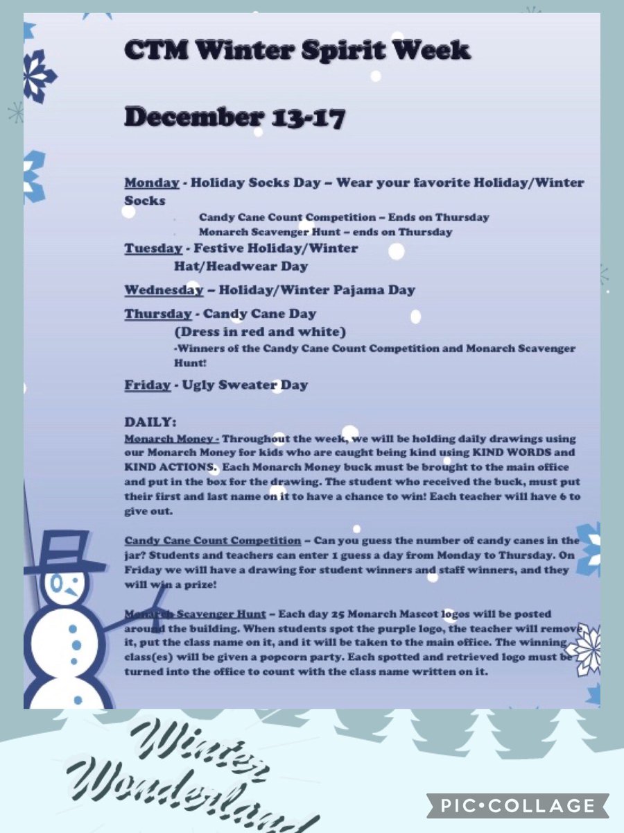CTMontessori1's tweet photo. .@CTMontessori1 We are celebrating Winter Spirit Week next week! We need all Monarchs to be ready for a week of winter fun! #AISuccess #MonarchMagic ⛄️❄️⛄️❄️⛄️ https://t.co/gcCfF0lSxC