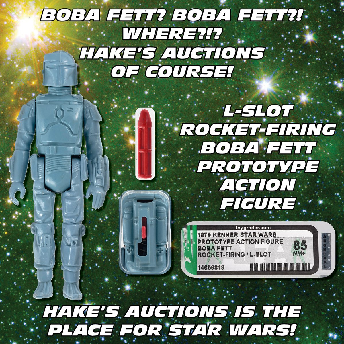 HakesAuctions's tweet photo. SOLD FOR A WORLD RECORD $165,200! We did it again! This #AFA 85 NM+ #RocketFiringBobaFett #LSlot #prototype figure set another record at @HakesAuctions! Hake's is THE place for #rare @starwars #collectibles! Contact us to sell yours!
#Kenner #StarWars #BobaFett #actionfigures https://t.co/YRnEXBg0dX