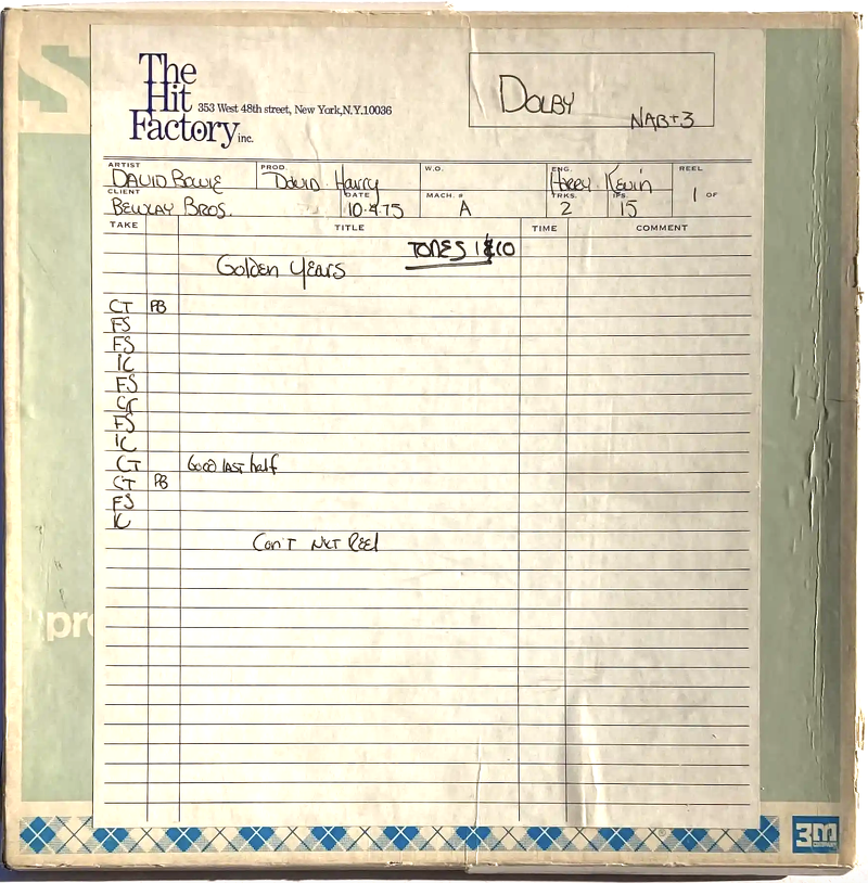 recordmecca's tweet photo. DAVID BOWIE GOLDEN YEARS MASTER TAPE A unique & previously undocumented master tape from the mixing session for David Bowie's hit single Golden Years containing 13 partial and full mixes, all unreleased.ย #recordmecca #davidbowie #goldenyears #mastertape
https://t.co/APuznf7kPB https://t.co/Z54Jh1urJf