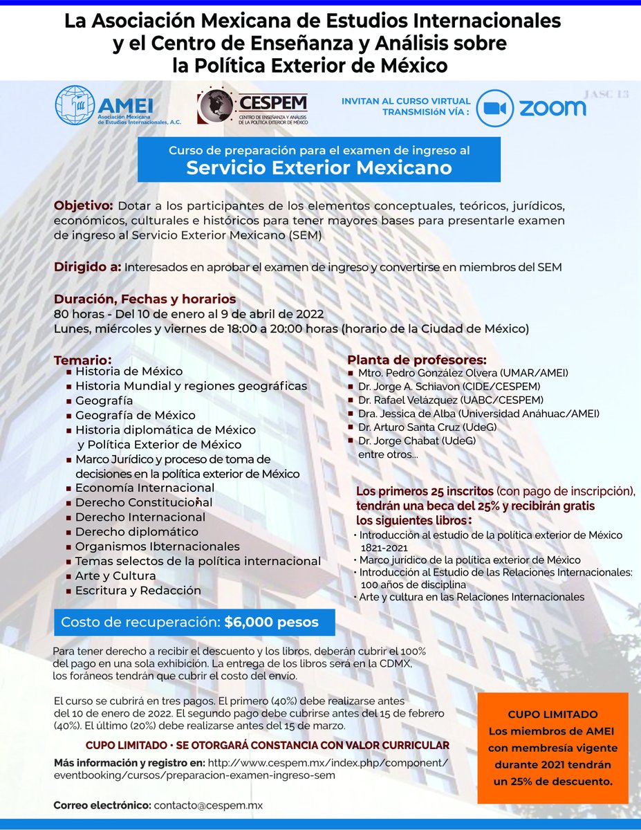 amei_mx_oficial's tweet photo. La #AMEI y el #CESPEM invitan al "Curso de preparación para el examen de ingreso al Servicio Exterior Mexicano"
¡No te lo pierdas!
Inicia el 10 enero de 2022
*Hay descuento para miembros vigentes de la AMEI
Checa toda la información en🔗https://t.co/zleVVHGbVa https://t.co/UbanWTWFJP