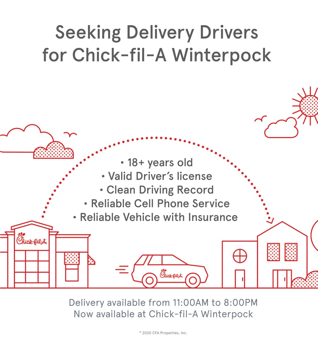 We're seeking delivery drivers Mon-Sat, 11am-8pm delivery service.
• 18+
• valid driver's license
• clean driving record
• reliable cell phone service
• reliable car
$12 /hour + $1 for each completed delivery + tips. Visit wpcfa.com and select "apply here".