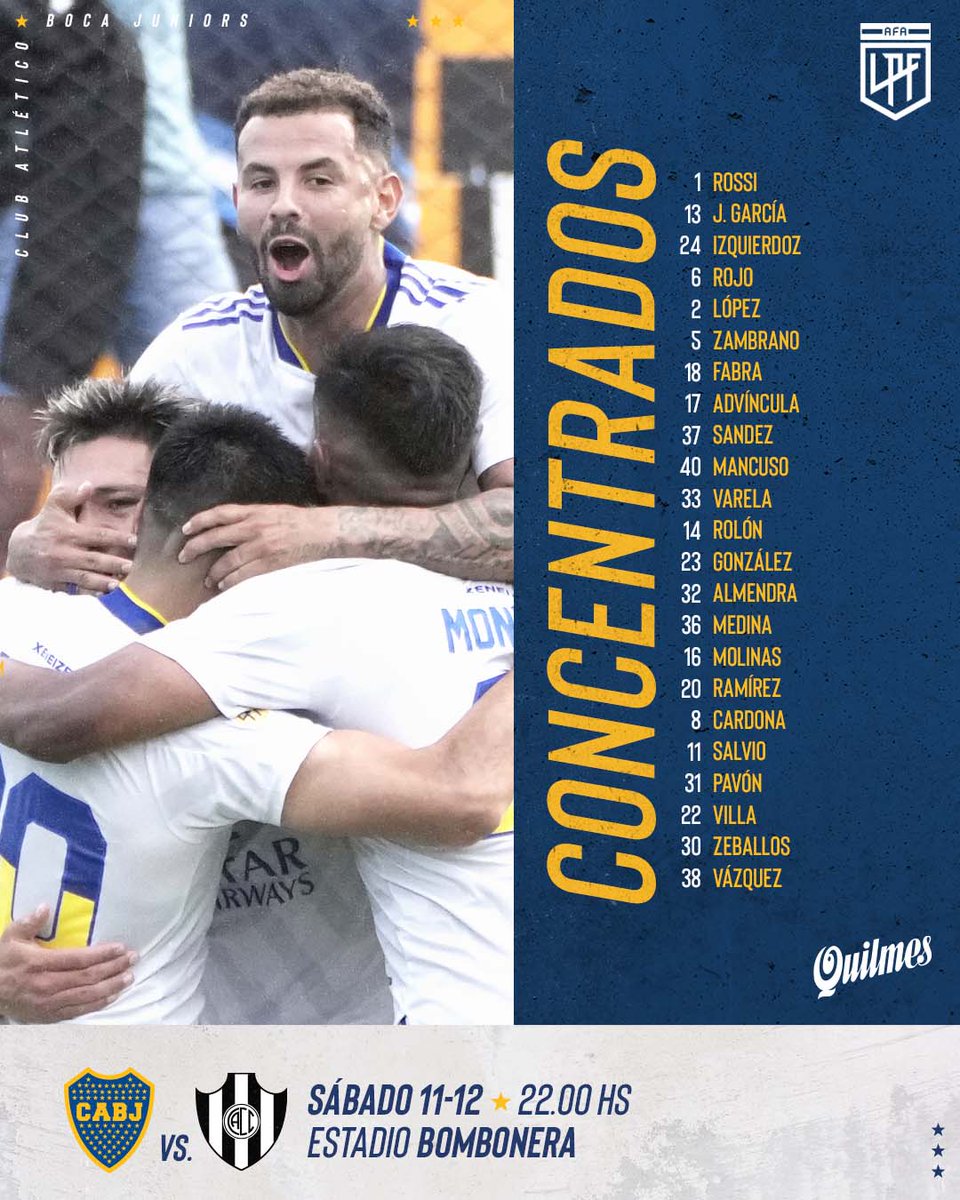 📋 Lista de concentrados para enfrentar mañana a Central Córdoba por la última fecha de la #LigaProfesional en la Bombonera.

#VamosBoca 🟦🟨🟦