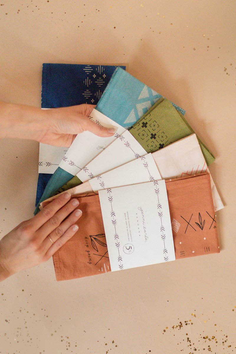 StudioOpal's tweet photo. We just love these printed bandanas by Jenni Earle! These bandanas are hand-dyed and super-soft. Each includes hand-drawn designs and a phrase meant to be a mantra or talisman to encourage adventure, bravery, luck, exploration, etc.

#studioopal #boutiqueshopping #shoplocal https://t.co/wZbzFJiLHT
