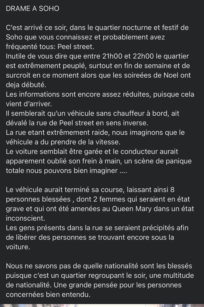 #HongKong #PeelStreet #Accident
J’ai appris qu’au moins une Française est en état critique suite à un accident cette nuit.
Contact est bien pris avec le consulat. Je souhaite un bon rétablissement aux victimes et bon courage aux proches.