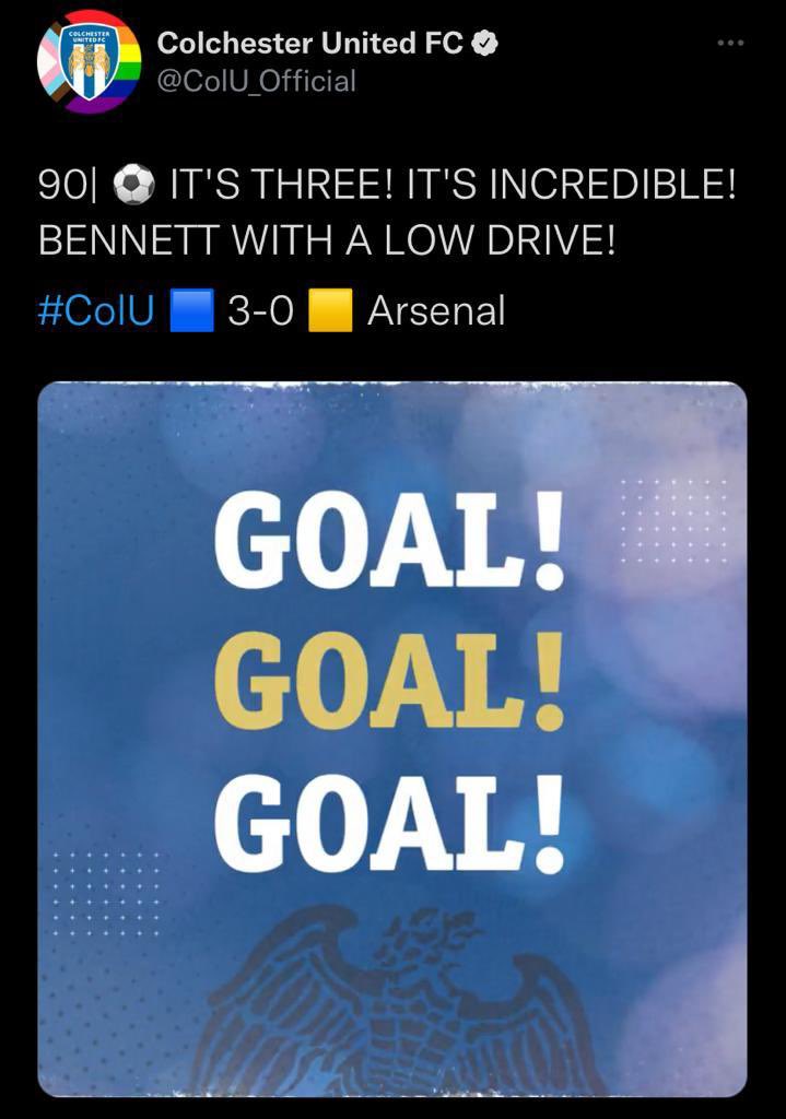 A fantastic day for our academy 4-1 winners v <a href="/RoyalRussellFC/">Royal Russell FC</a> in the ESFA elite league . Tonight our academy player Kaan Bennett started and scored for <a href="/ColU_Official/">Colchester United FC</a> v <a href="/Arsenal/">Arsenal</a> in the da youth cup . We are so proud of this young man .