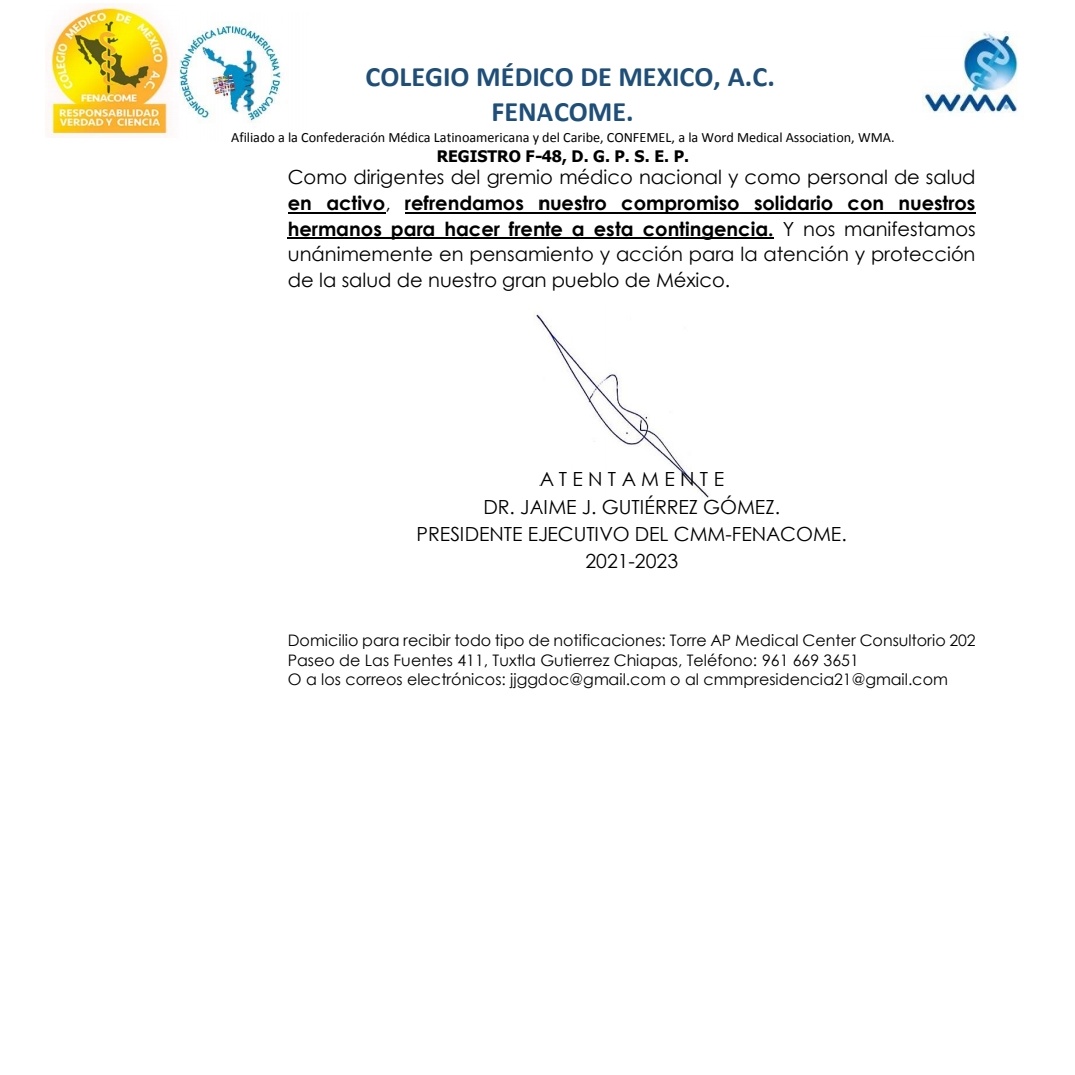 Posición de <a href="/ColMedMexAC/">Colegio Médico de México A.C. FENACOME</a> 
<a href="/MorenaExterior_/">Morena#AMLO</a> <a href="/lopezobrador_/">Andrés Manuel</a> <a href="/HLGatell/">Hugo López-Gatell Ramírez</a> <a href="/RamiroLopezE/">Ramiro López Elizalde</a> <a href="/CarlosADoMa/">Carlos Alberto Domínguez Maldonado</a> <a href="/chiapas_issste/">SUBDELEGACIÓN MÉDICA ISSSTE CHIAPAS</a> <a href="/ISSSTE_mx/">ISSSTE</a> @ISSSTE_Salud @INSABI_mx <a href="/Tu_IMSS/">IMSS </a> <a href="/Bonifaz49/">Raúl Bonifaz</a>