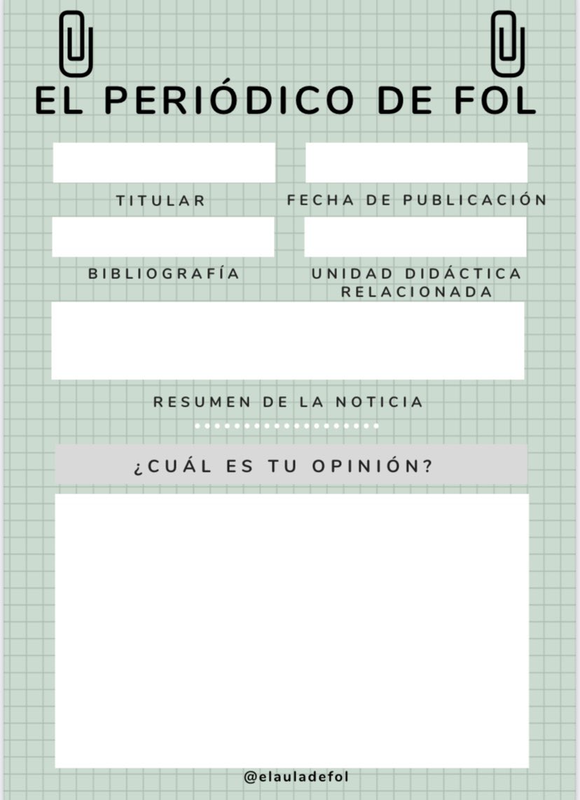<a href="/esther_fol/">Esther 💜</a> <a href="/FOL_IE/">EIEFOL</a> <a href="/pirafol3/">ToniPF</a> <a href="/covadongafol/">covadonga</a> <a href="/tamarafolera1/">tamarafolera</a> <a href="/victorialmona/">Victoria R.Almonacid</a> <a href="/Marina15870384/">Inma</a> <a href="/elprofesordefol/">El Profesor de FOL</a> 🗞Analizar la actualidad es un plus. Poco a poco el alumnado relaciona los contenidos del módulo de #FOL con noticias de actualidad y se sorprenden (de manera muy positiva) al darse cuenta de ello. Es una buena actividad de introducción. Yo sigo esta plantilla 👇🏾
