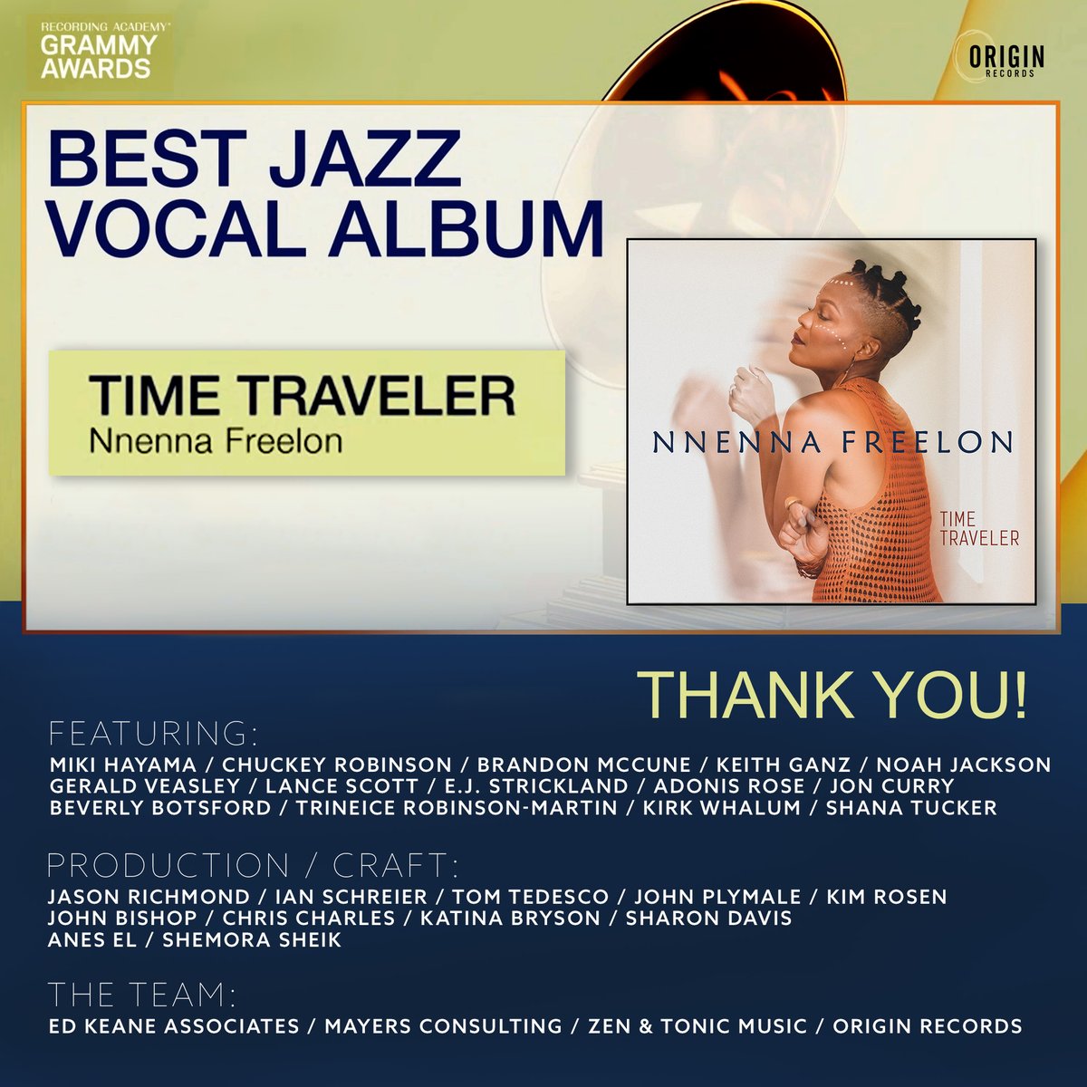 Grammy voting NOW! Thanks to all for the amazing success of Nnenna Freelon's Time Traveler! #jazz #GRAMMYs #vocaljazz @OfficialNnenna