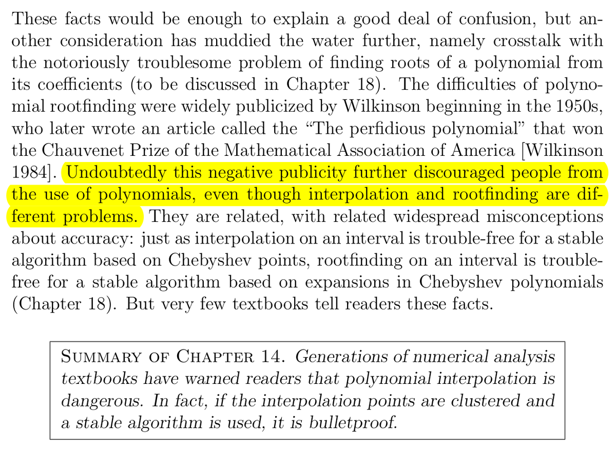 ewintang's tweet photo. what's funny about this is Trefethen's (plausible) theory that this pessimism is due, in part, to one famous paper showing that the *different* problem of root-finding given a polynomial's coefficients is ill-conditioned, discouraging investigation into polynomials in general https://t.co/B25cnOfOTQ