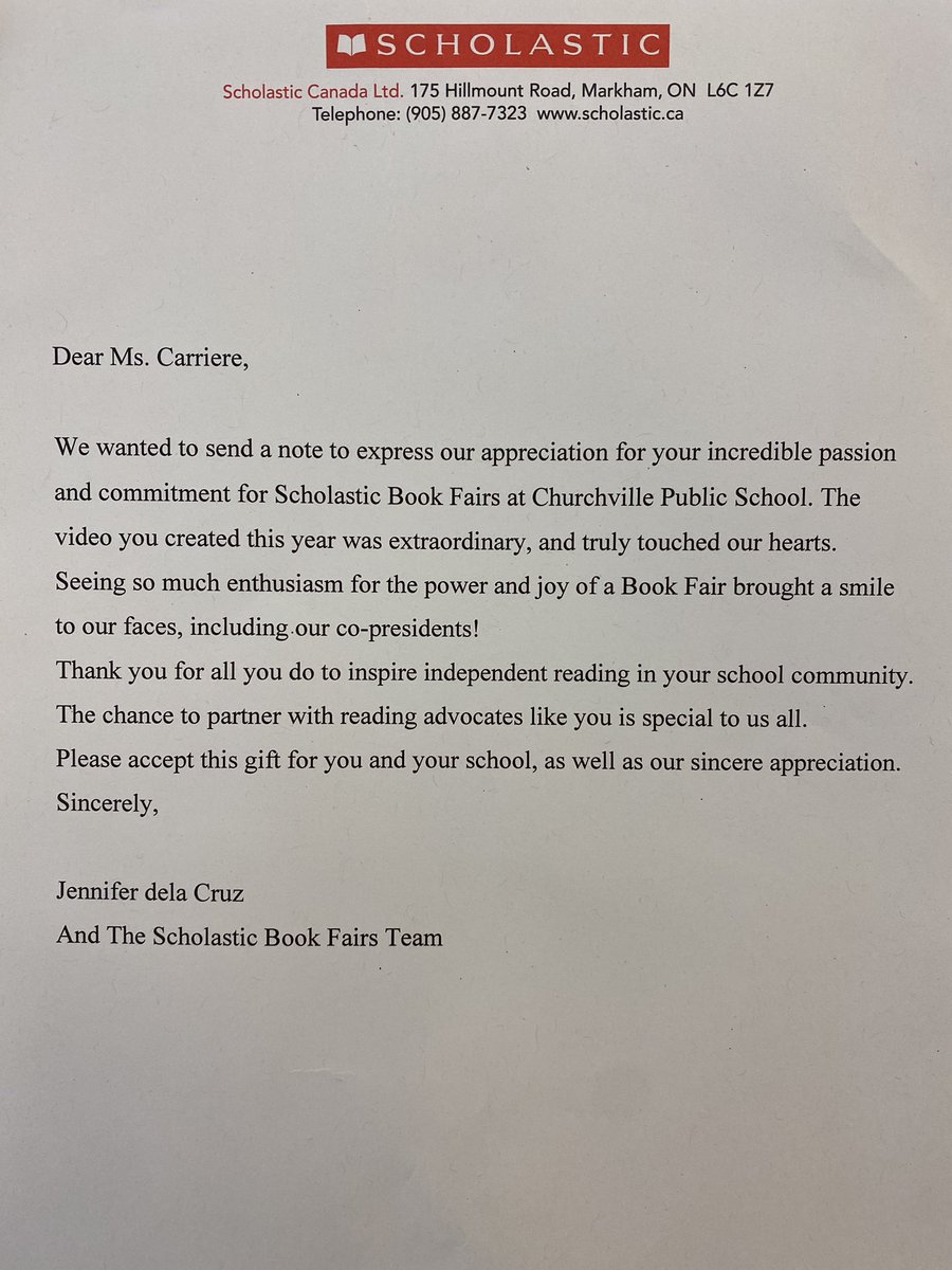 MsdotCarriere's tweet image. Just a personal letter from @scholasticCDA to show how much @Churchvilleps rocks at spreading the love of reading. No biggy. 😍😲@PDSB_Libraries @PeelSchools @CdnSchoolLibrar @PETLA_ #OnSchoolLibrary