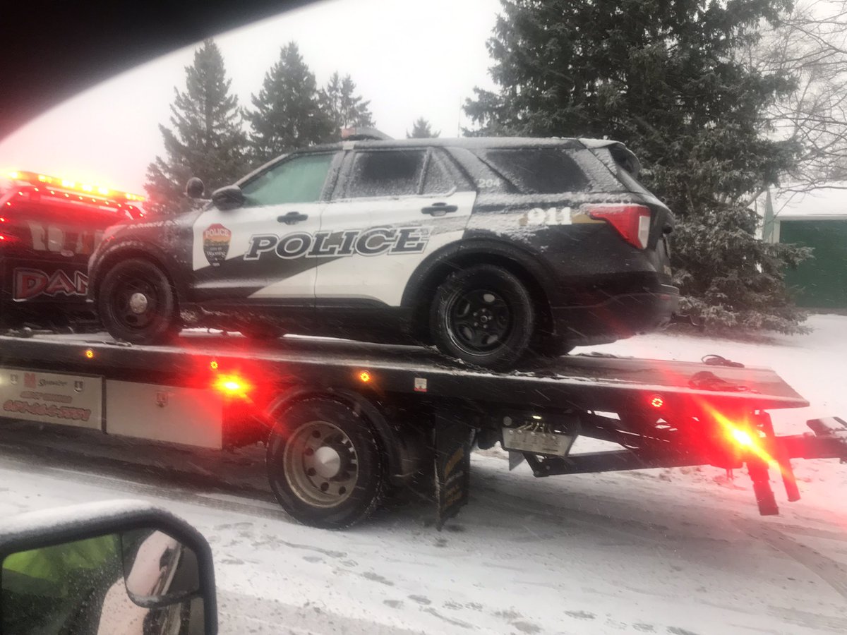 wyomingpd's tweet photo. Slow down! One of our squads was hit by someone going to fast for the road conditions. https://t.co/NSPOK4sKVL