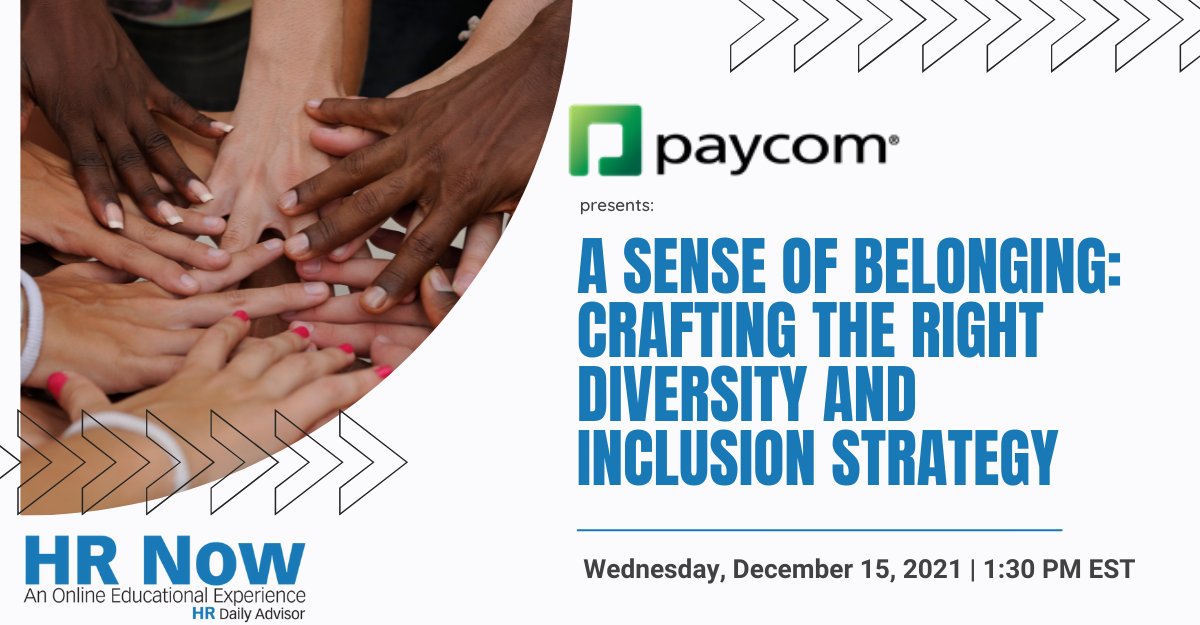HRDailyAdvisor's tweet photo. How can you foster a workplace that celebrates #diversity and ensures your employees feel valued through open communication and ongoing development? Find out when you join @Paycom at #HRNow on Dec. 15 at 1:30PM EST. Registration is free: https://t.co/Jcrxs0hoxR #HR https://t.co/gbNp1Auhux