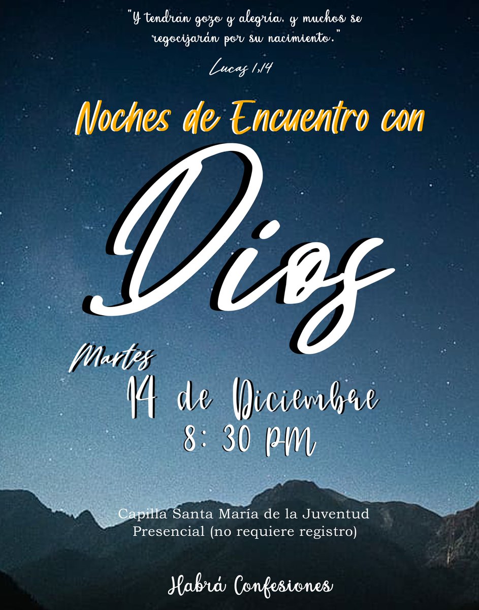 ¡Hola hermanos!, los queremos invitar a asistir este Martes 14 de Diciembre a nuestra próxima Noche de Encuentro con Dios en el Centro de Familia y Juventud (el terreno).

Hora 8:30 pm

✨Invita a tus hermanos y familiares ✨